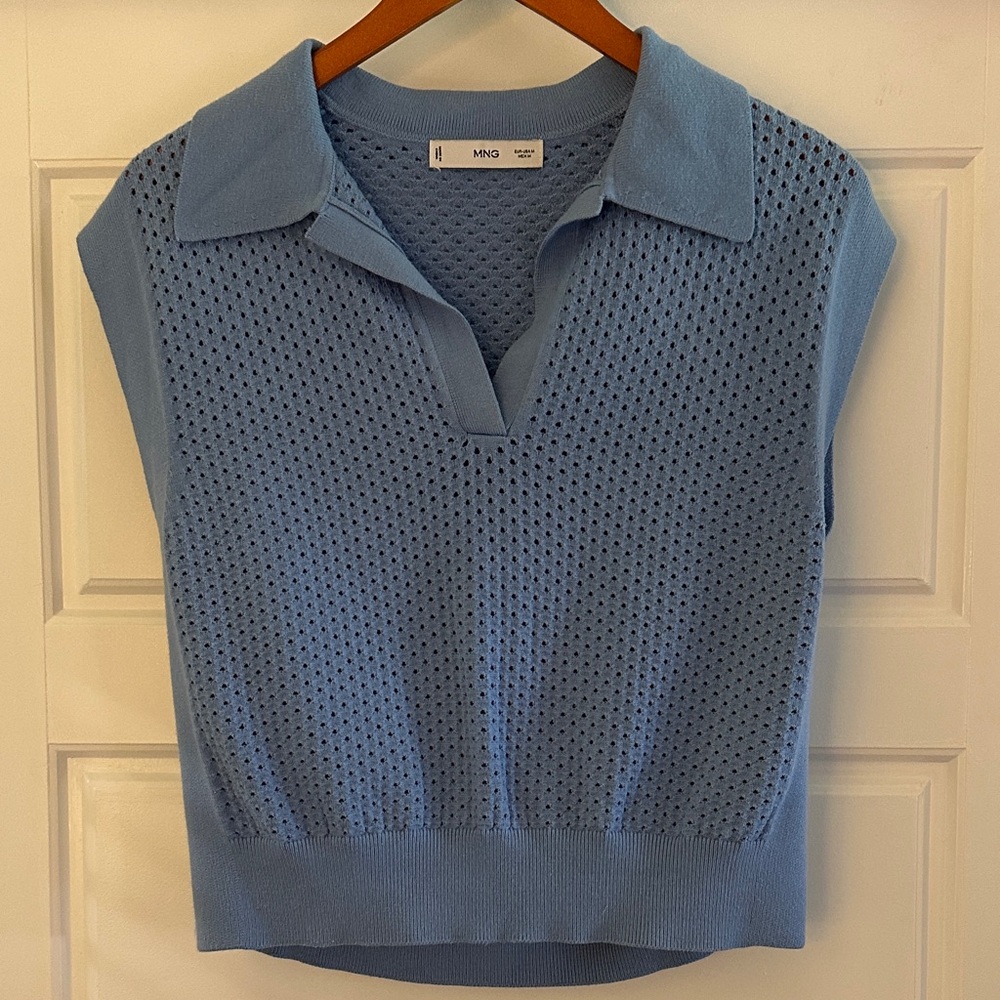Mango Sky Blue Open-Knit V-Neck Polo Sweater Vest